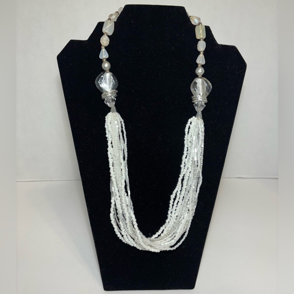 Seed Bead White Multistrand Necklace Silvertone Opalescent Clear Beads 12” Drop